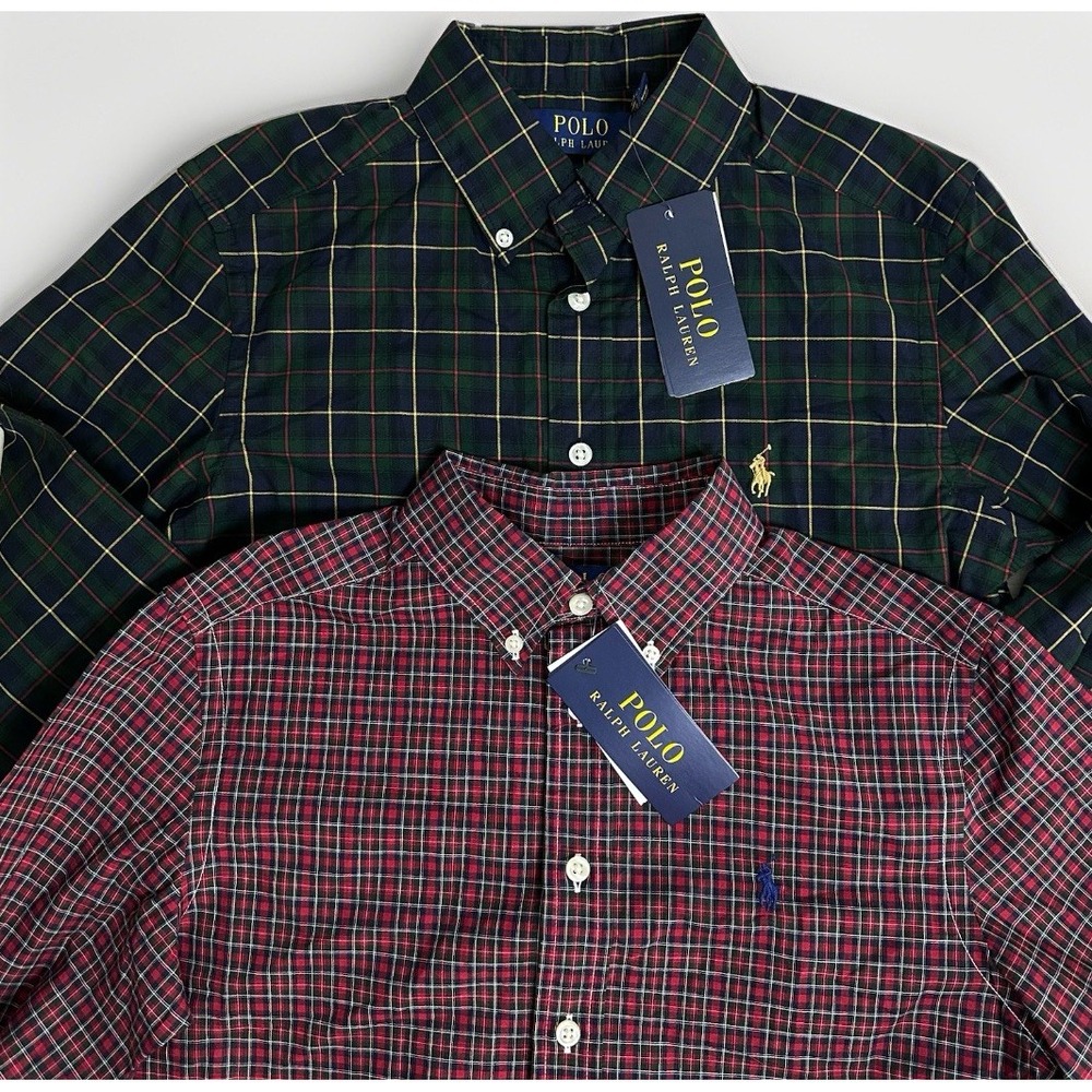 Two (2) Polo Ralph‎ Lauren Plaid Check Poplin Shirt Boys M 10/12 Green Red PONY